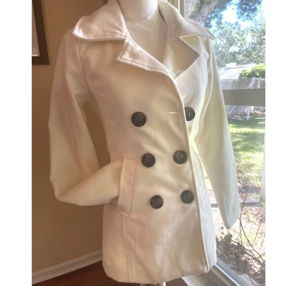 ME JANE Womens White Pea Coat Jacket X Small Wool Blend Classic Winter Preppy - Picture 1 of 14
